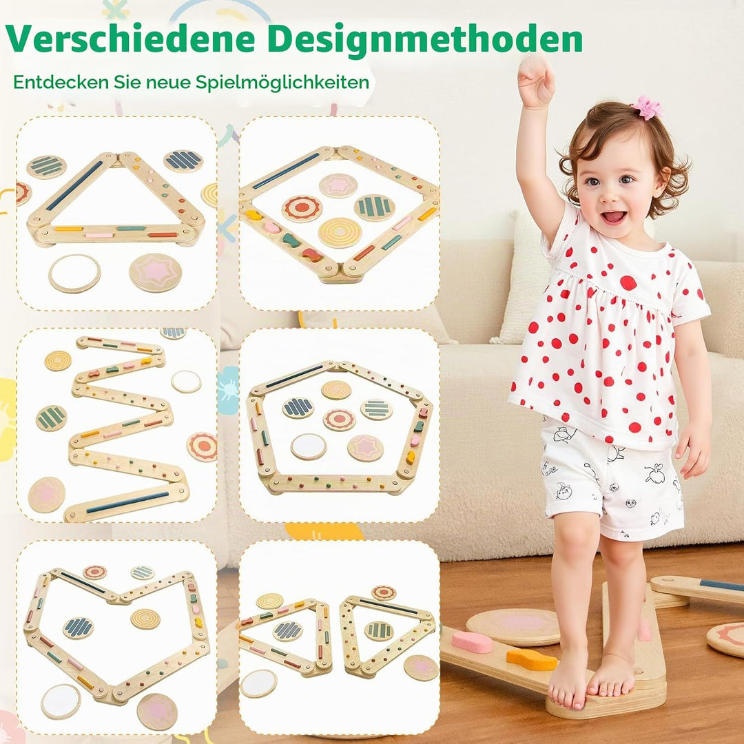 Holz Schwebebalken mit Balanciersteinen Kinder Montessori Balance Board Kleinkind Sensorik Matten Mo