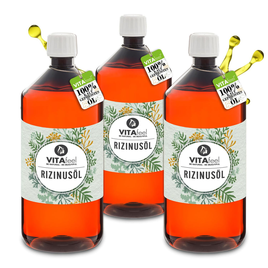 GreatVita Rizinusöl - 100 Procent reines kaltgepresstes Öl, nativ Ph. Eur., 3 x 1000 ml, Wimpern Ser