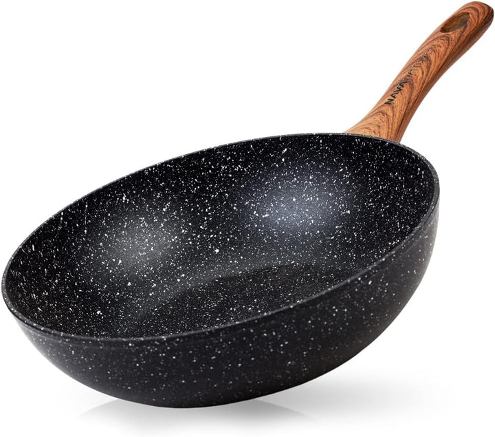 NAVA Wok aus Aluminium, antihaftbeschichtet, für Induktion, Holzgriff, Durchmesser 28 cm