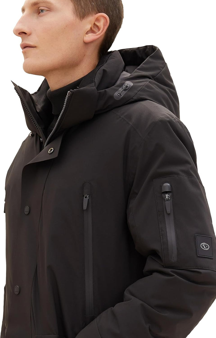 TOM TAILOR Herren Hybrid Daunenmantel mit Abnehmbarer Kapuze S 29999-black, S 29999-black