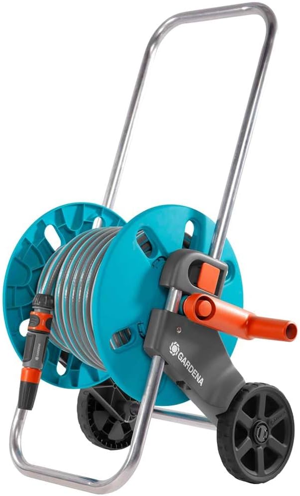 GARDENA Aquaroll Schlauchwagen S Set, komplett mit 20 m Schlauch, Systemteilen und Sprühdüse, grau,