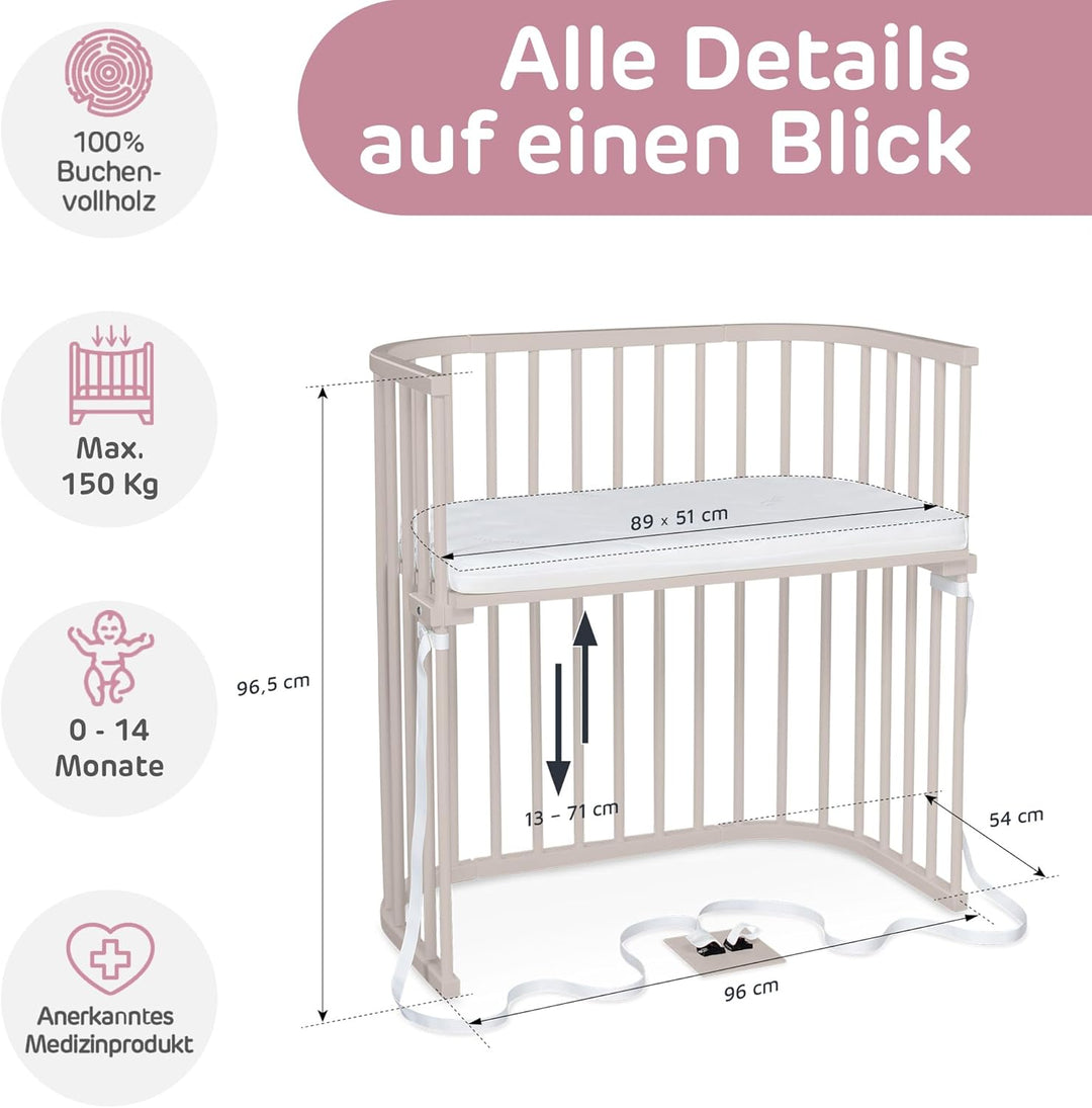 babybay Boxspring Beistellbett aus massivem Buchenholz/kompakt & verwandelbar/Kinderbett Höhe stufen