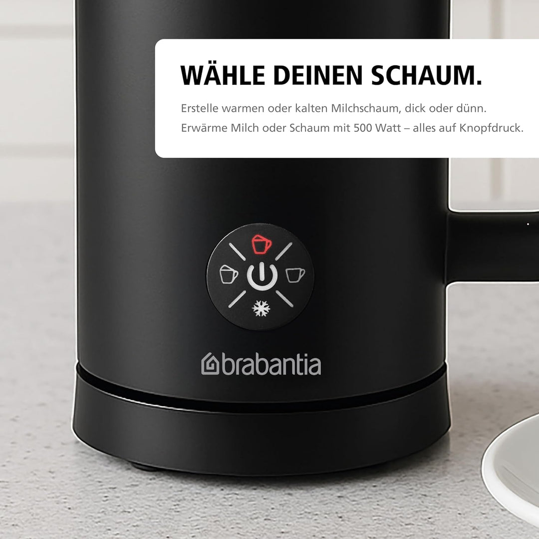 Brabantia Elektrischer Milchaufschäumer, 500 Watt, 300 ml, 4-in-1, BPA-frei, Warm- und Kaltaufschäum