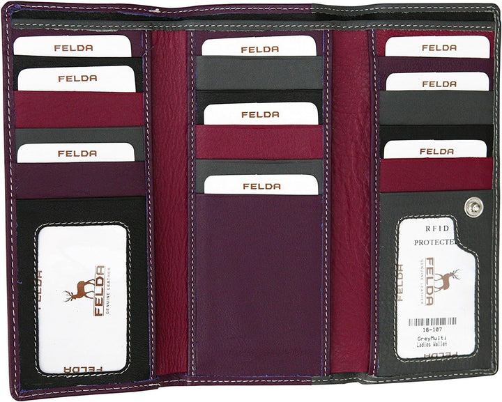 Felda - Damen Geldbörse mit 23 Kartenfächern & Münzfach - RFID-Blocker - aus Echtleder - längliches