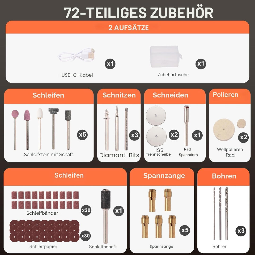 CHOKMAX Mini Kabelloses Drehwerkzeug, 5-Gang-Schleifer-Kit mit 72 Zubehörteilen und Front-LED-Licht,