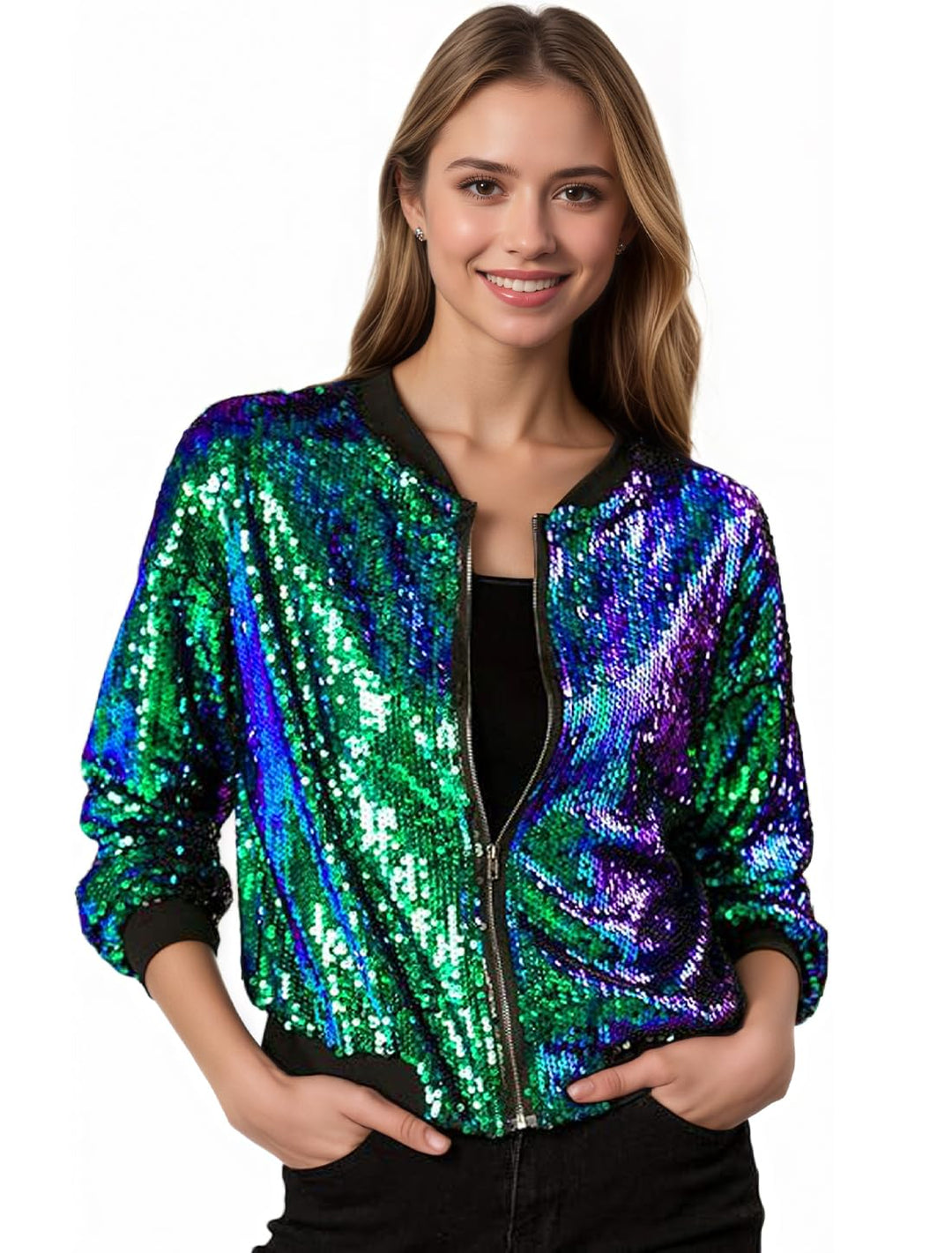 Allegra K Damen Glitzer Jacke Bomberjacke Pailletten Bomber Jacke Langarm Party Club Metallic Sequin