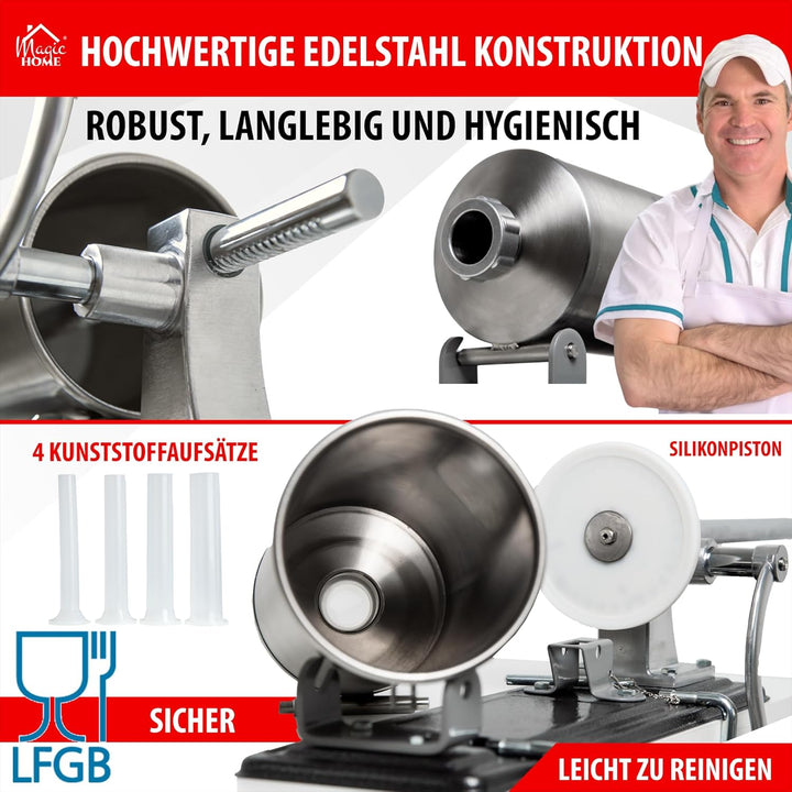 MAGIC HOME Wurstfüller aus Edelstahl | 3l / 4kg | Manuell, Horizontal | Hochwertige Wurstfüllmaschin