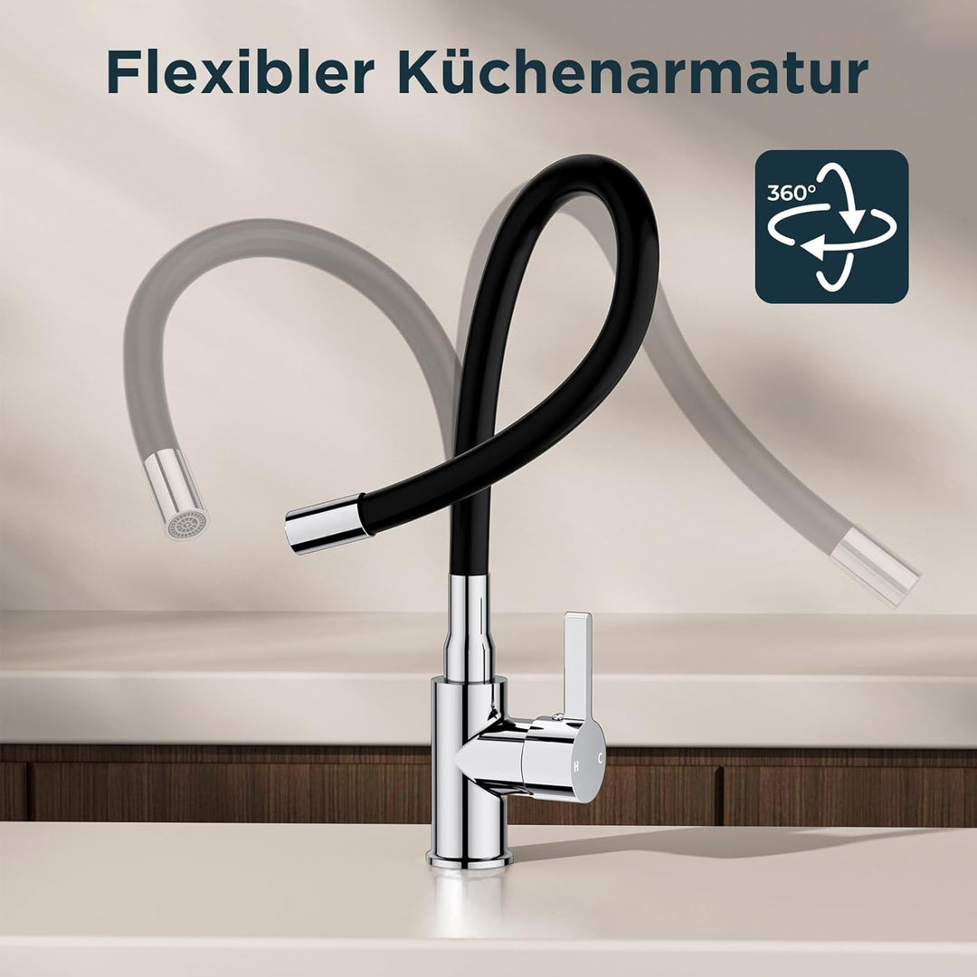 FORIOUS Flexible Wasserhahn Küche, 360° Drehbar Küchenarmatur 1 Loch Spülenarmatur, Einhebelmischer