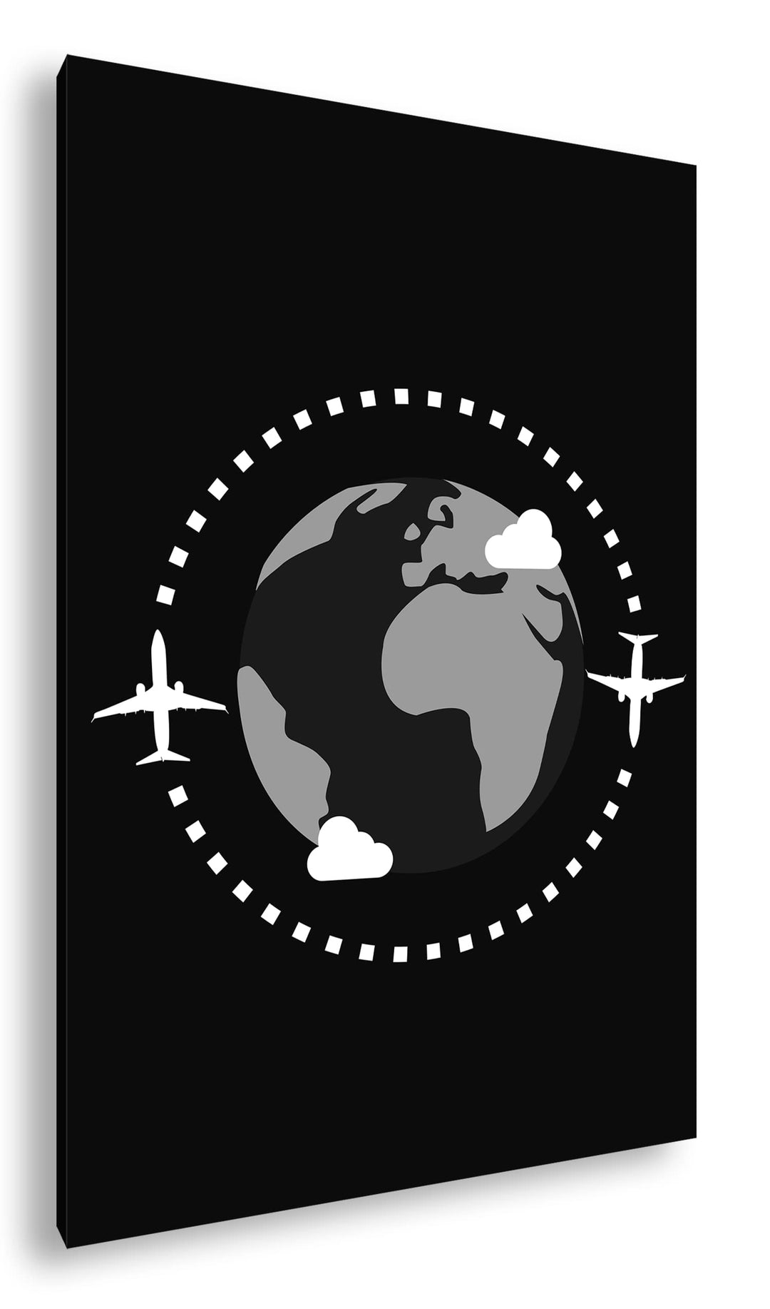 Flugzeug um die Erde Logo Format: 80x60 Effekt: Schwarz&Weiss als Leinwandbild, Motiv fertig gerahmt