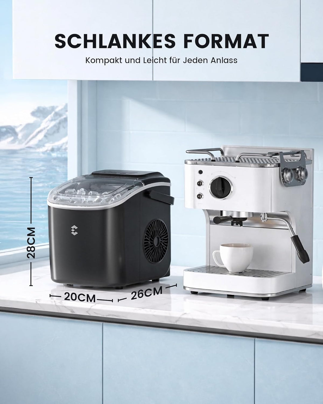 EASYERA Eiswürfelmaschine Klein, Tragbar und Kompakt, 12 KG/24H, Eiswürfel in 6 Minuten, 2 Eiswürfel