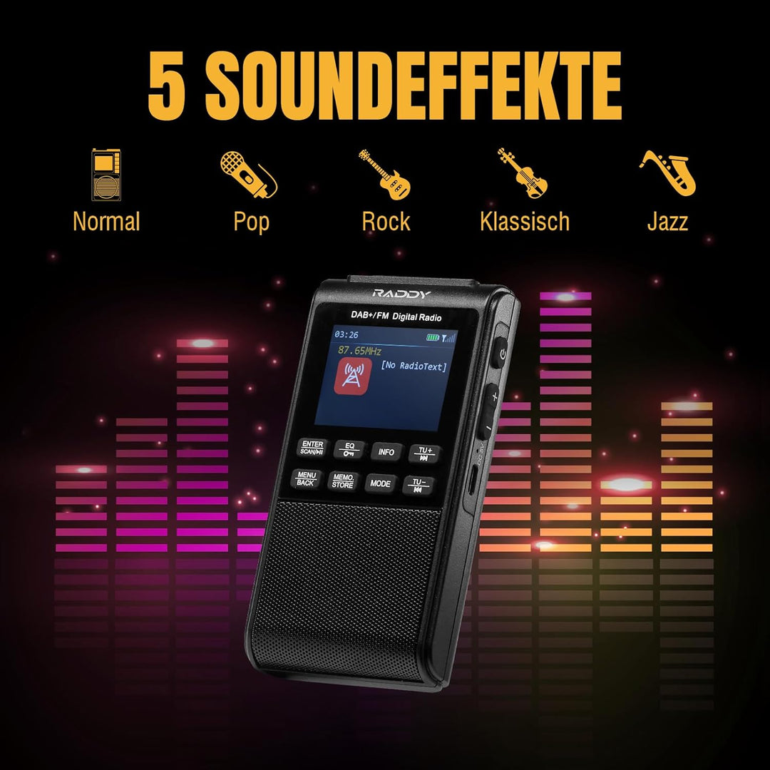 Raddy RD939 Tragbares DAB FM Radio, Taschenradio DAB Radio mit BT 5.3, 5W Lautsprecher, 2" Display,
