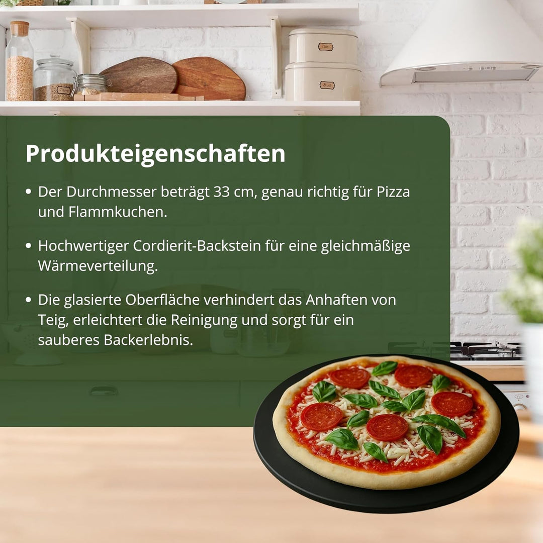 HeRo24 Pizzastein 33 cm aus Cordierit – schwarz glasiert – hitzebeständiger Backstein für Pizza, Fla