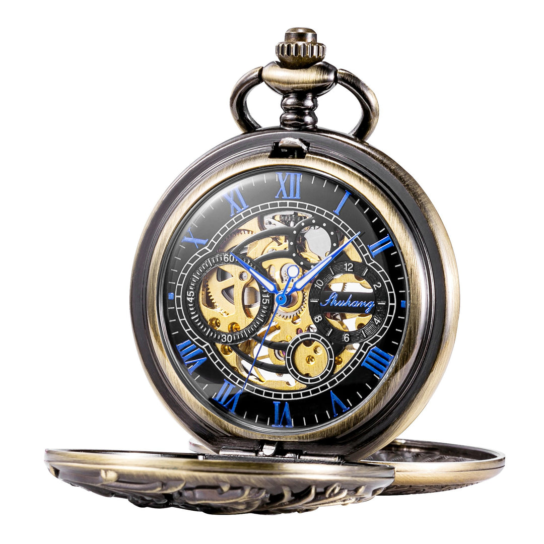 TREEWETO Unisex Taschenuhr mit Kette Analog Handaufzug Doppelscharnier Antik Drache Skelett Bronze,