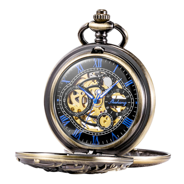 TREEWETO Unisex Taschenuhr mit Kette Analog Handaufzug Doppelscharnier Antik Drache Skelett Bronze,