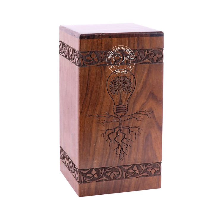Holzurne mit Blumenmotiv, graviert, für menschliche Asche, für Erwachsene, gross – Holzbeerdigungsur