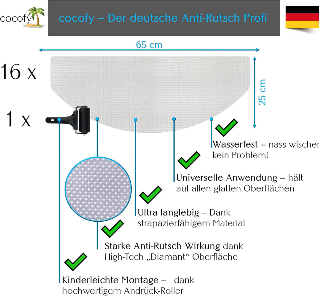 cocofy Stufenmatten innen transparent 16x XXL (65x25 cm), Treppen Rutschschutz antirutsch Treppenstu