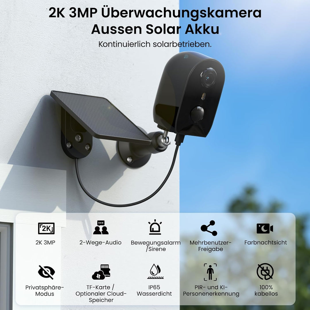 AOQEE 2K Überwachungskamera Aussen Solar Akku - Kabellose Kamera Überwachung Aussen Solar, 2,4GHz WL