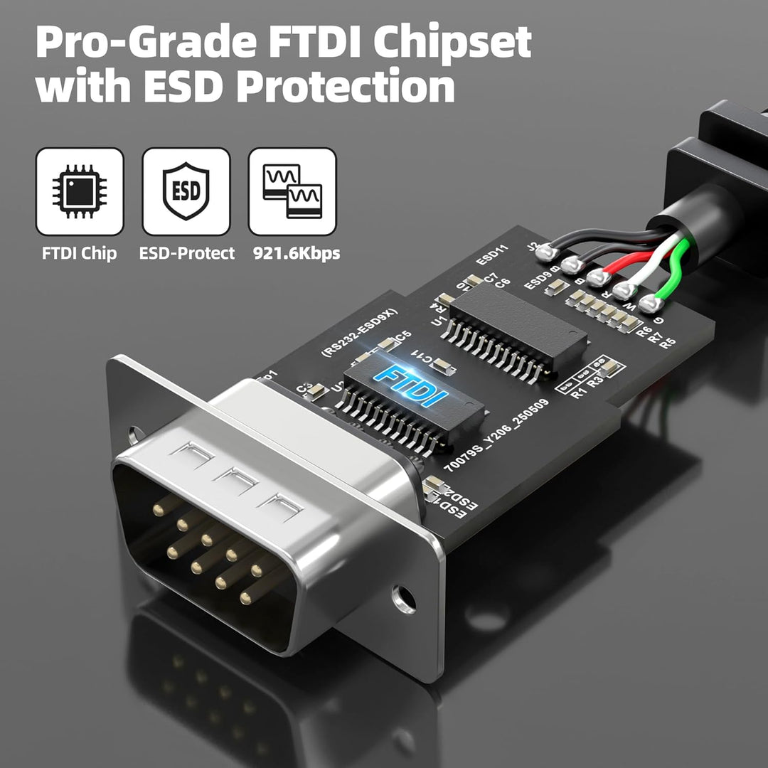 DriverGenius SerialGuardX Series | USB-C zu FTDI RS232 Seriell Adapter, 9 Datenüberwachungs-LEDs, ES
