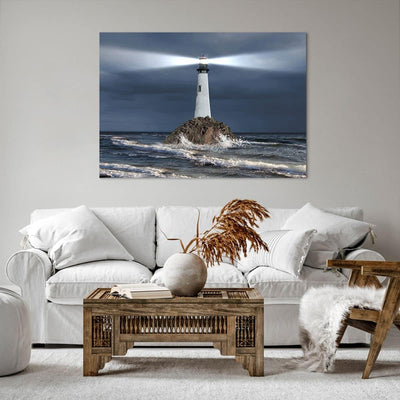 Bilder auf Leinwand 100x70cm Leinwandbild mit Rahmen Leuchtturm Meer Gross Wanddeko Bild Schlafzimme