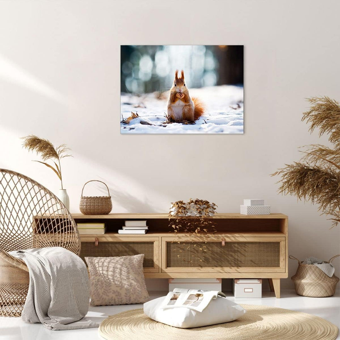 Bilder auf Leinwand Eichhörnchen Winter Schnee Essen Leinwandbild 70x50cm Wandbilder Dekoration Wohn
