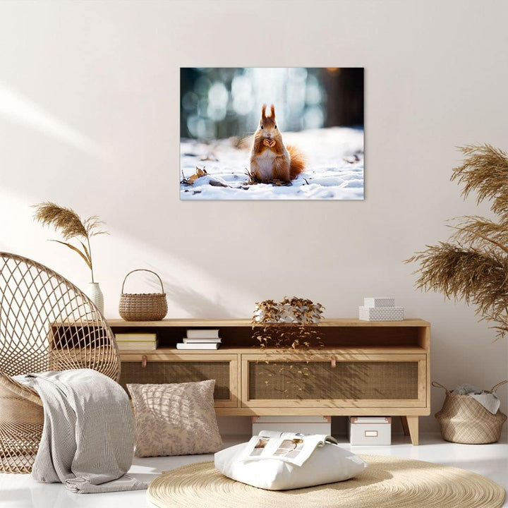 Bilder auf Leinwand Eichhörnchen Winter Schnee Essen Leinwandbild 70x50cm Wandbilder Dekoration Wohn
