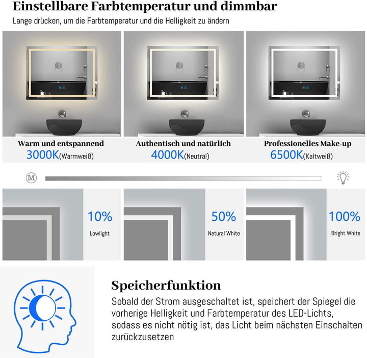 Badspiegel mit Beleuchtung 90x60 cm LED Spiegel Bad mit Touch-Schalter Beschlagfrei Badezimmerspiege