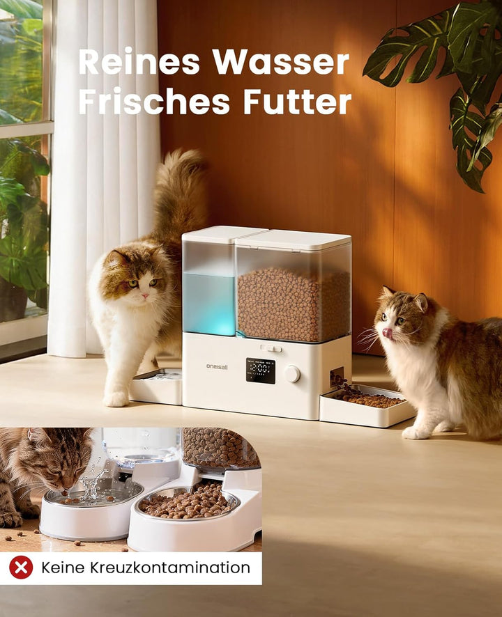 oneisall Futterautomat Katze und Trinkbrunnen 2-in-1, 8,5L/1-36 Portionen, 5L Futterspender mit 3,5L