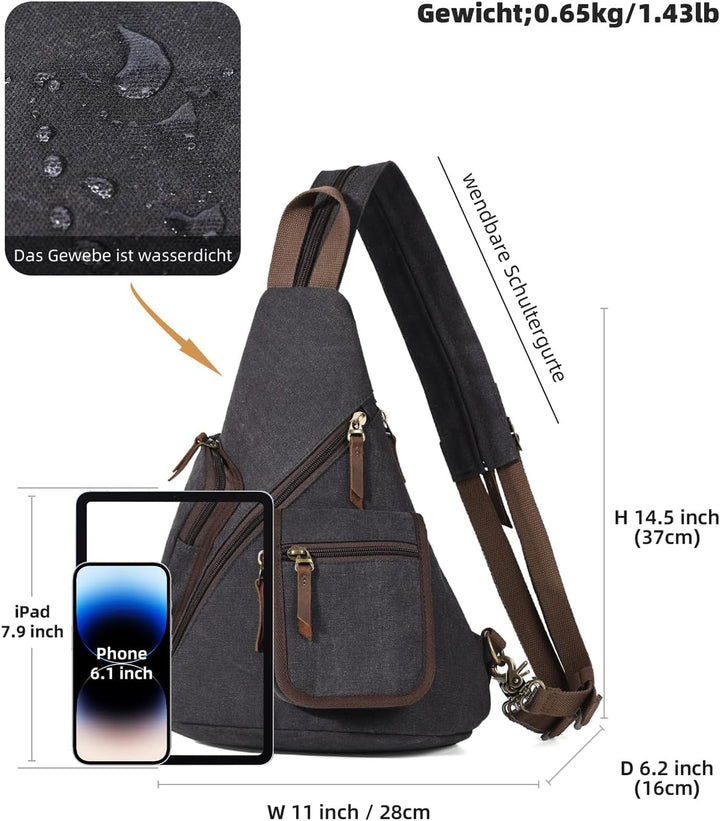 KL928 Canvas Sling Bag Herren und Damen, Crossbody Brusttasche Schulterrucksack Schultertasche Rucks