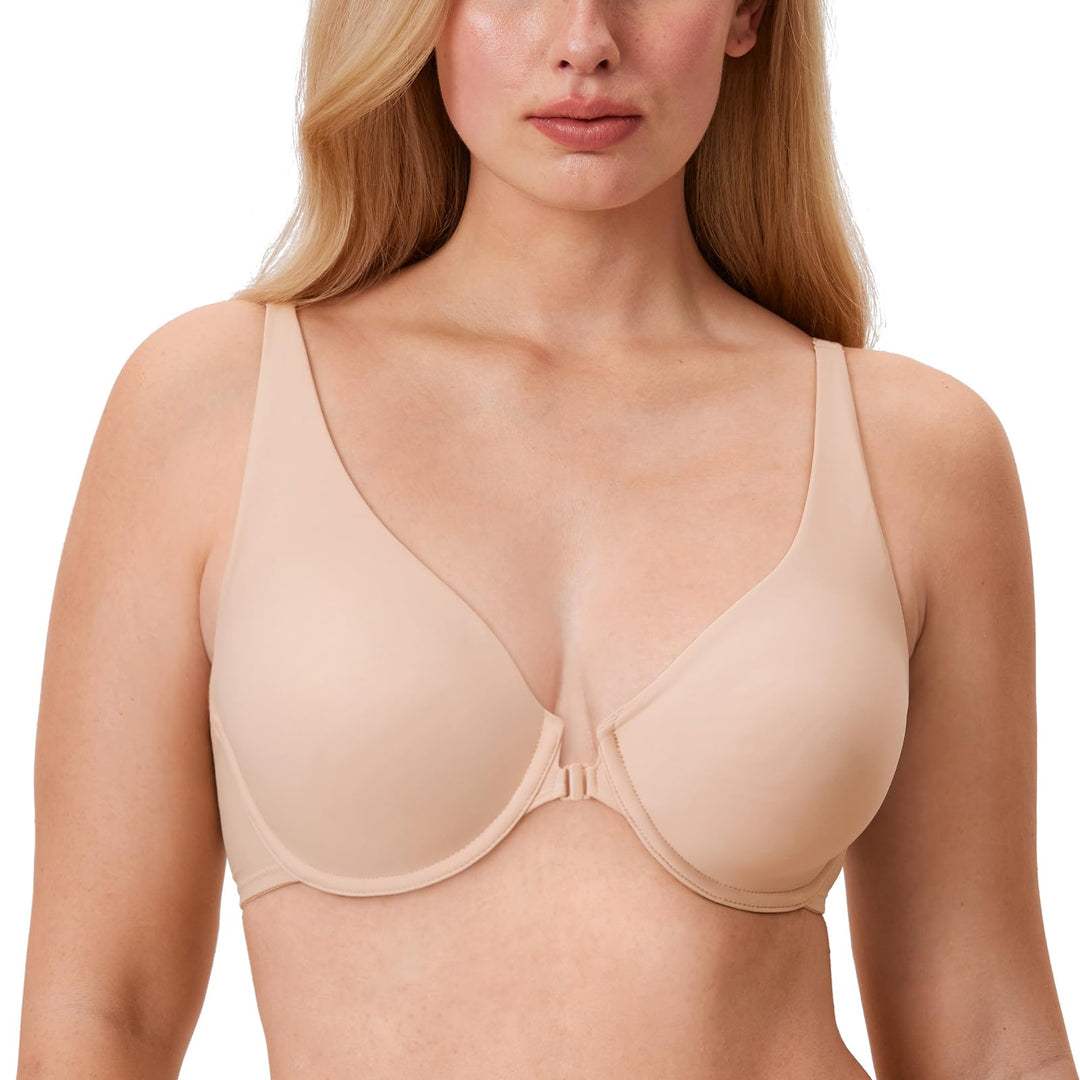 DELIMIRA Damen BH mit Vorderverschluss Nahtlose Bügel ohne Polster Vollschalen 90E Beige, 90E Beige