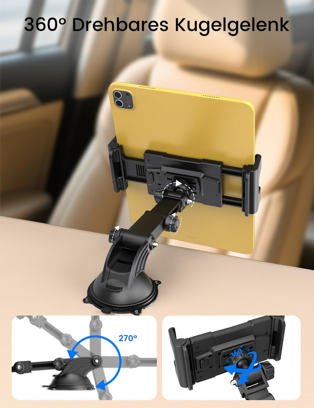 OHLPRO Tablet Halterung Auto,360° Drehung Tablethalterungen 18cm Ausziehbare Arm+ Waschbar Saugnapf,