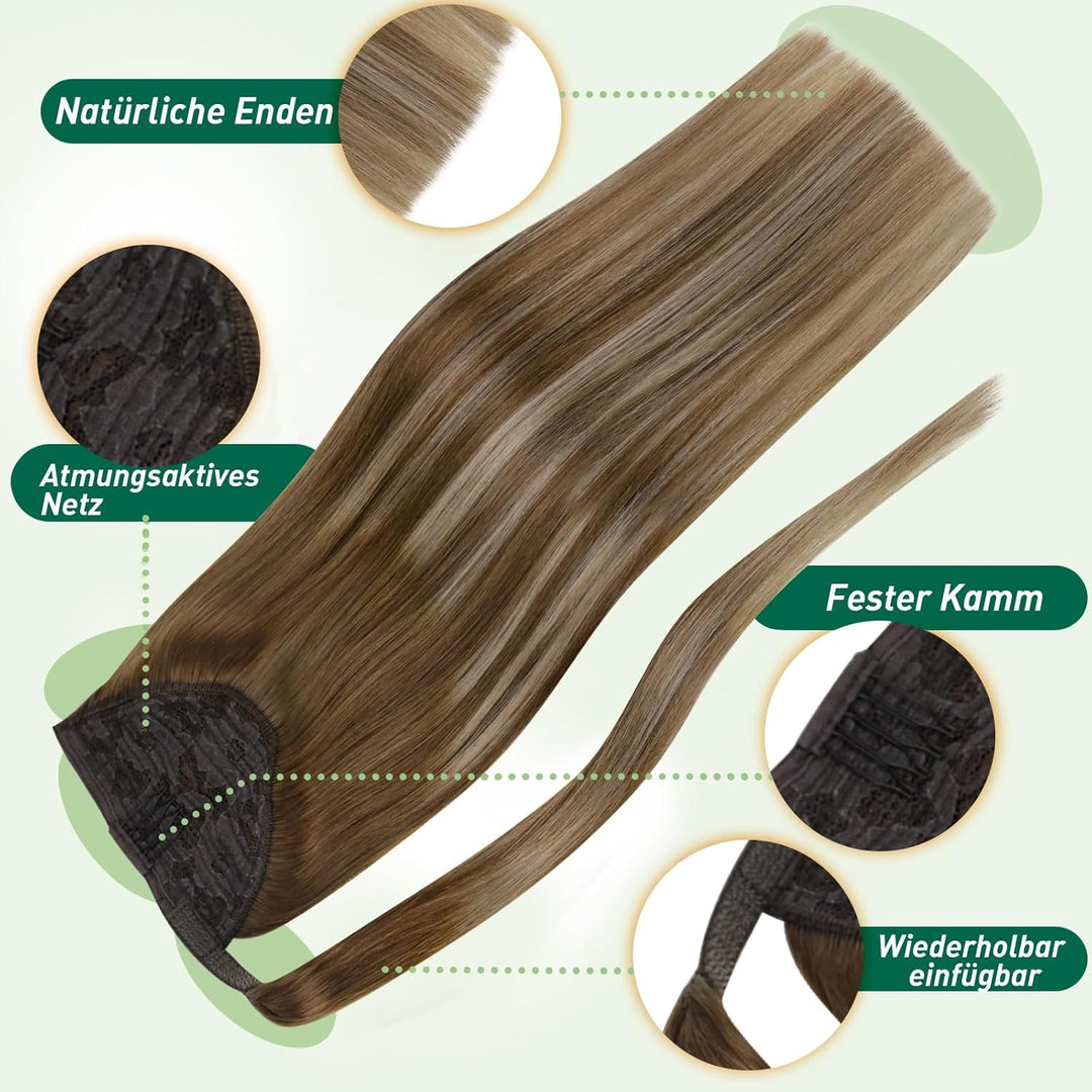 Easyouth Zopf Extension Echthaar Pferdeschwanz Extensions Echthaar Ombre Mittelbraun Mix Honigblond