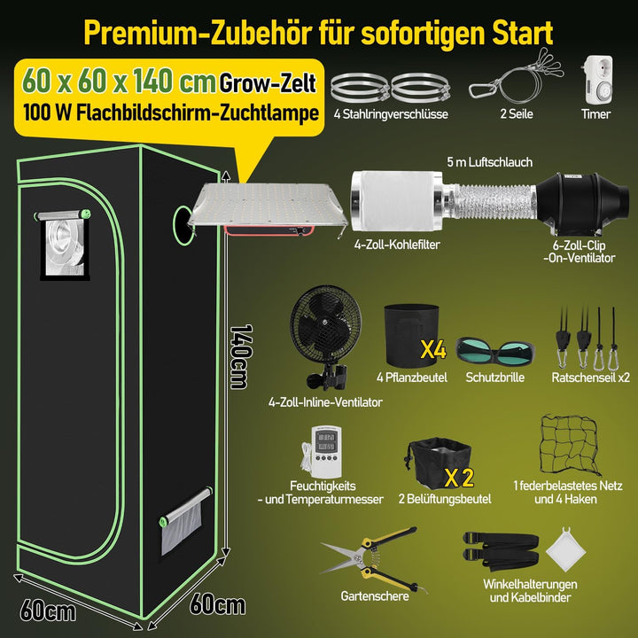 𝐉𝐚𝐱𝐠𝐮𝐨𝐦 Growzelt Komplettset 60x60x140cm mit 100W LED Grow Lampe, Belüftungssystem mit Aktivkohlefil