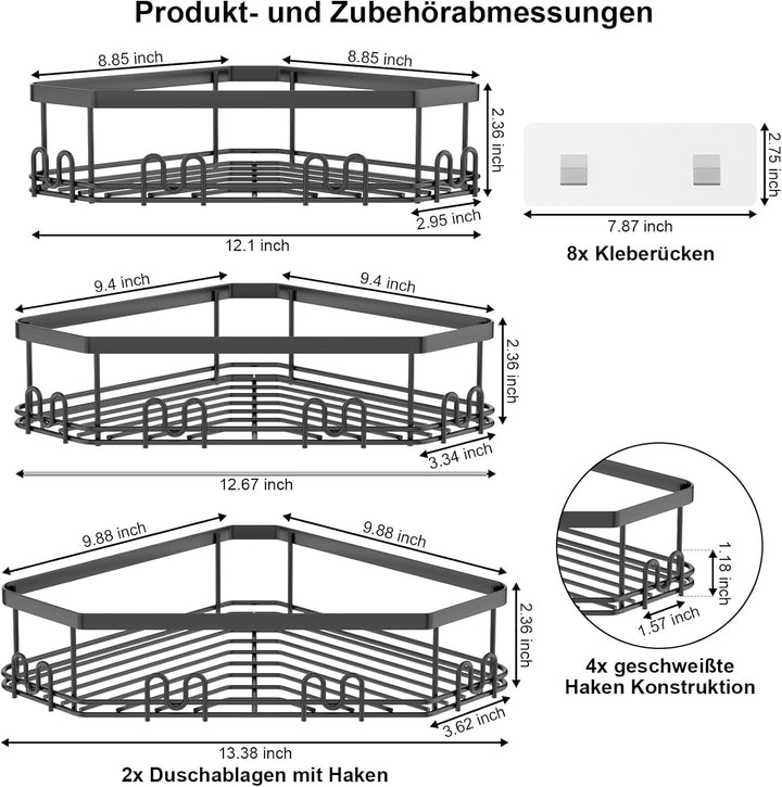 STEUGO Eck-Duschregal, Dusch-Organizer, Eck-Duschregal mit 12 Haken, 3er-Pack selbstklebende Duschre