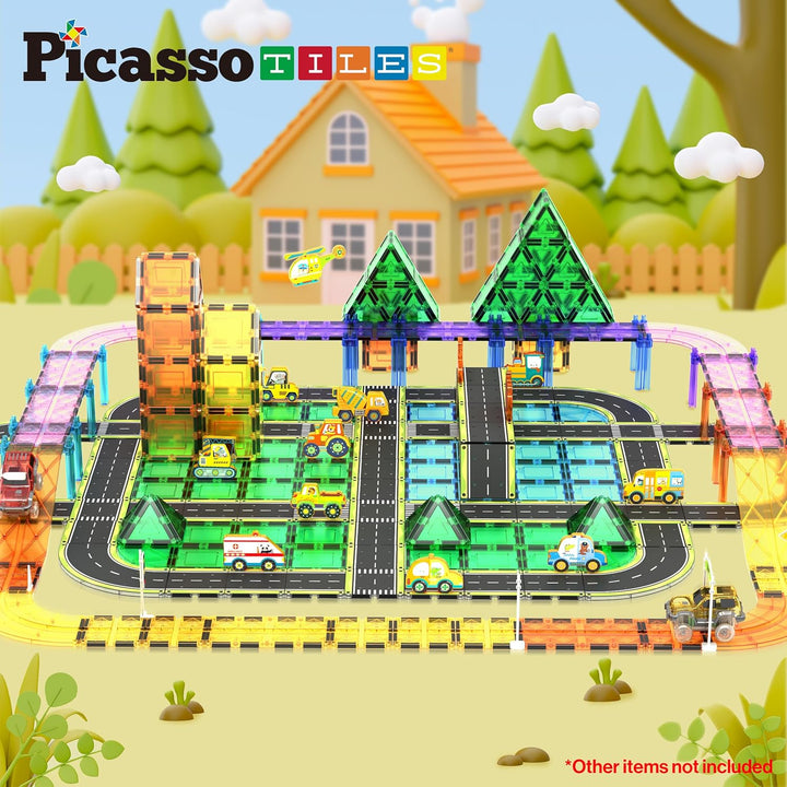 PicassoTiles Magnetfliese, Autostrecke, Abenteuerthema, Bedruckt, Strasse, Landebahn, Rennstrecke, A