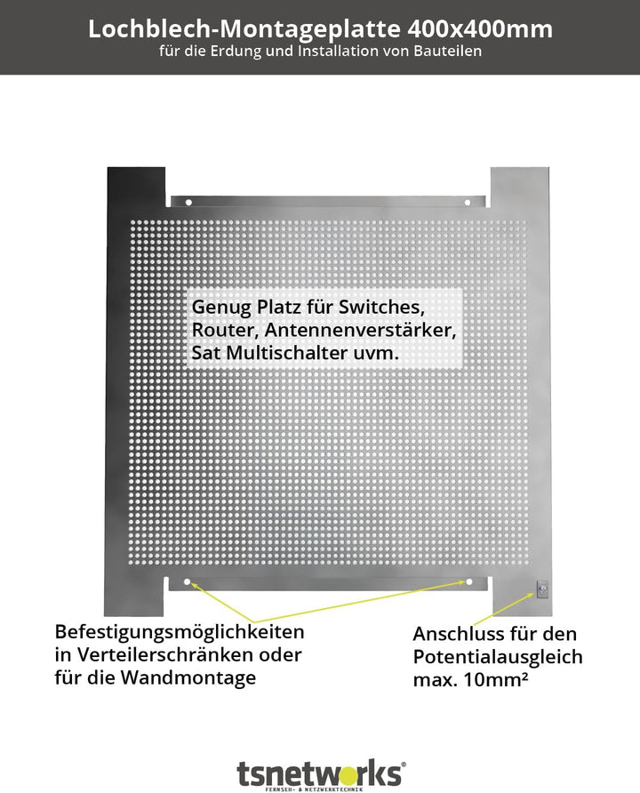 maxx.onLine Lochblech Montageplatte 400x400mm für Erdung/Installation Antennenverstärker, Sat Multis