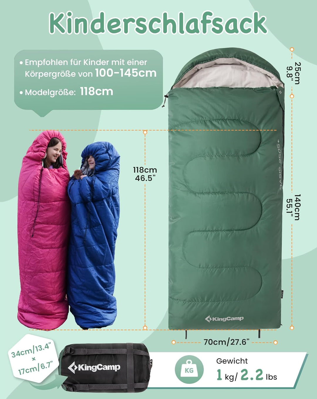 KingCamp Kinderschlafsack 3 Jahreszeiten Deckenschlafsack für Kinder 100-140cm Leicht Warm für Campi