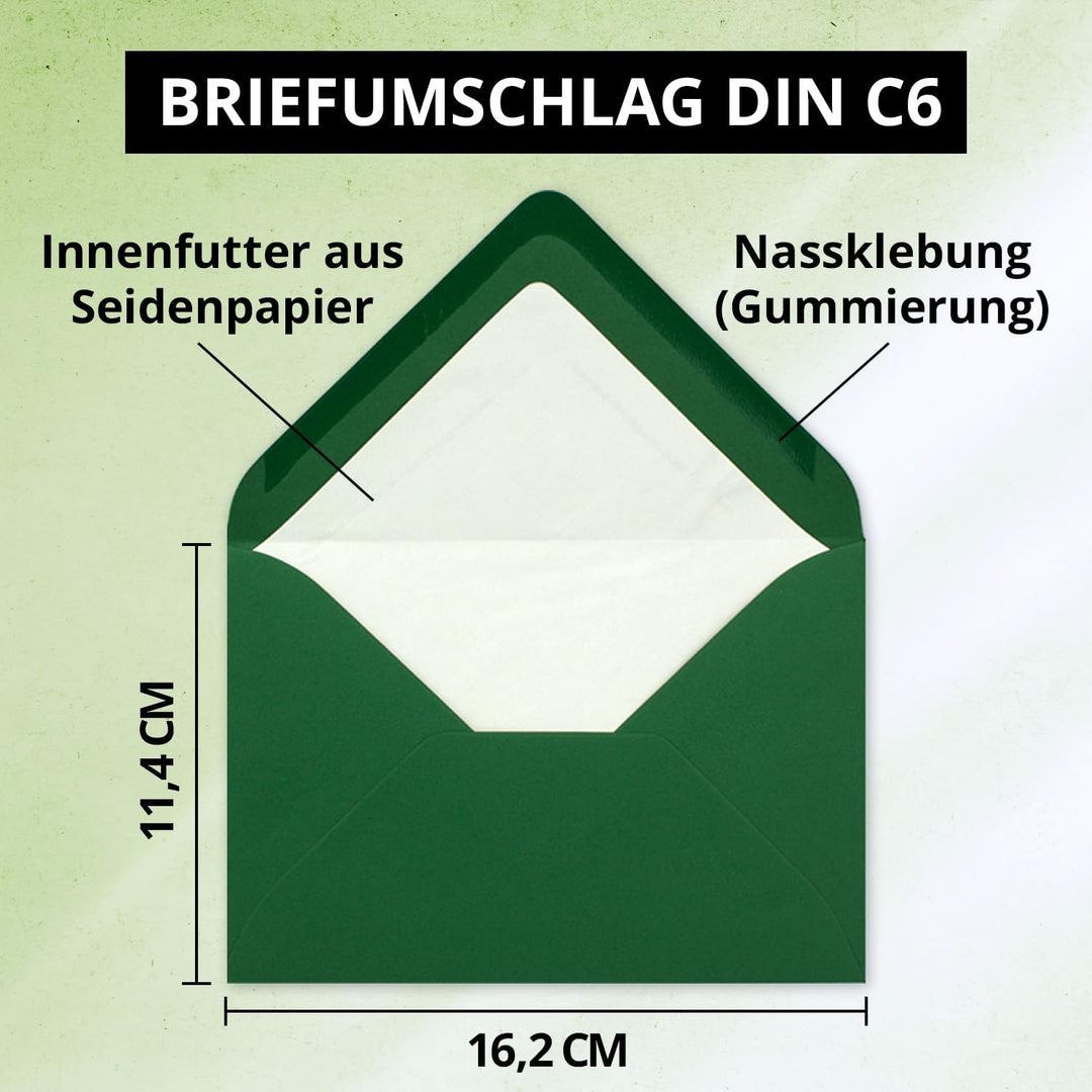 50 Briefumschläge Dunkel-Grün - DIN C6 - gefüttert mit weissem Seidenpapier - 90 g/m² - 11,4 x 16,2