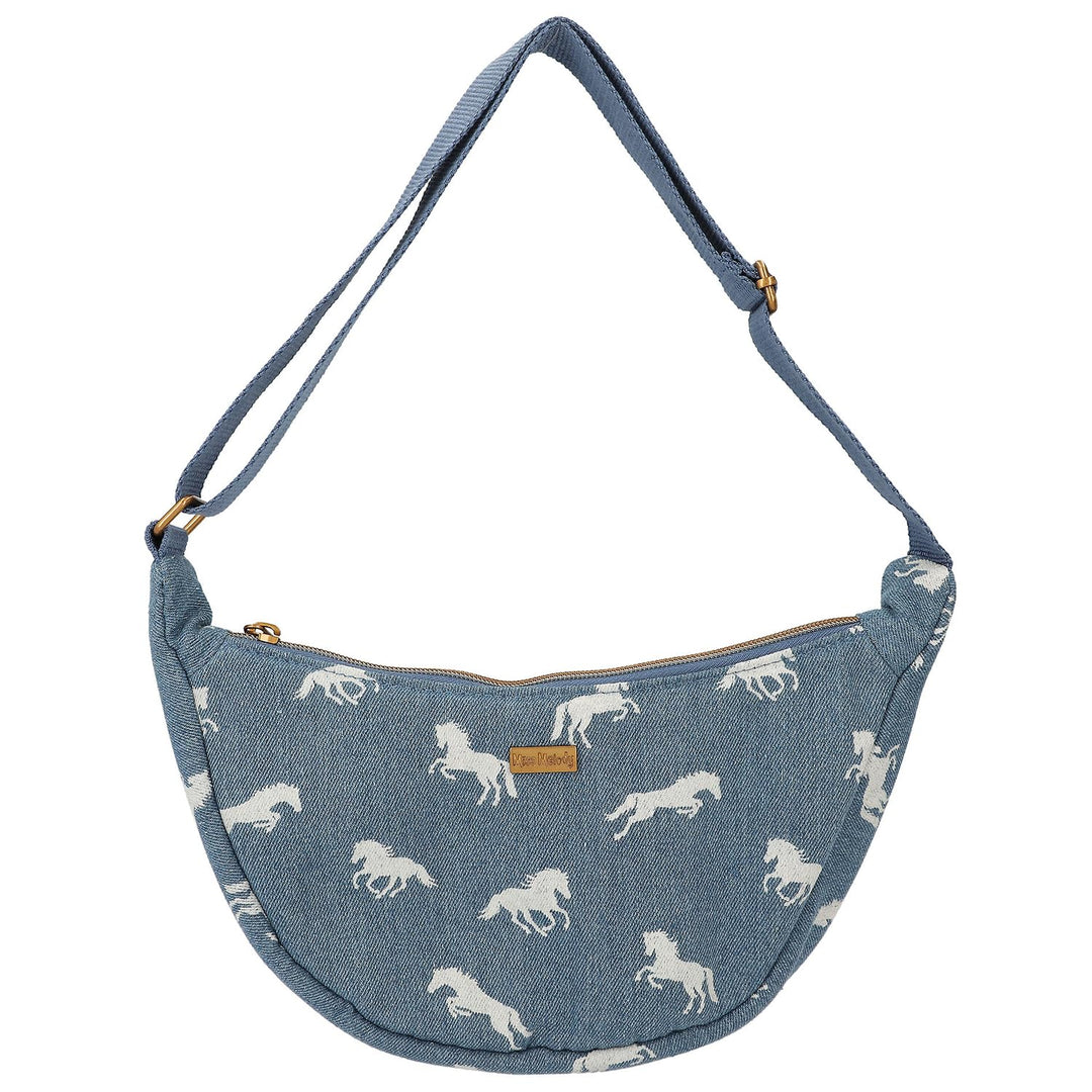 Depesche 12873 Miss Melody Denim - Kleine Halbmond Umhängetasche aus Jeans, mit Pferde Muster, Dunke