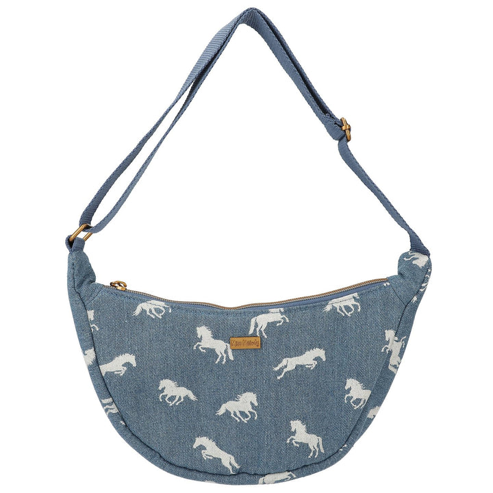Depesche 12873 Miss Melody Denim - Kleine Halbmond Umhängetasche aus Jeans, mit Pferde Muster, Dunke