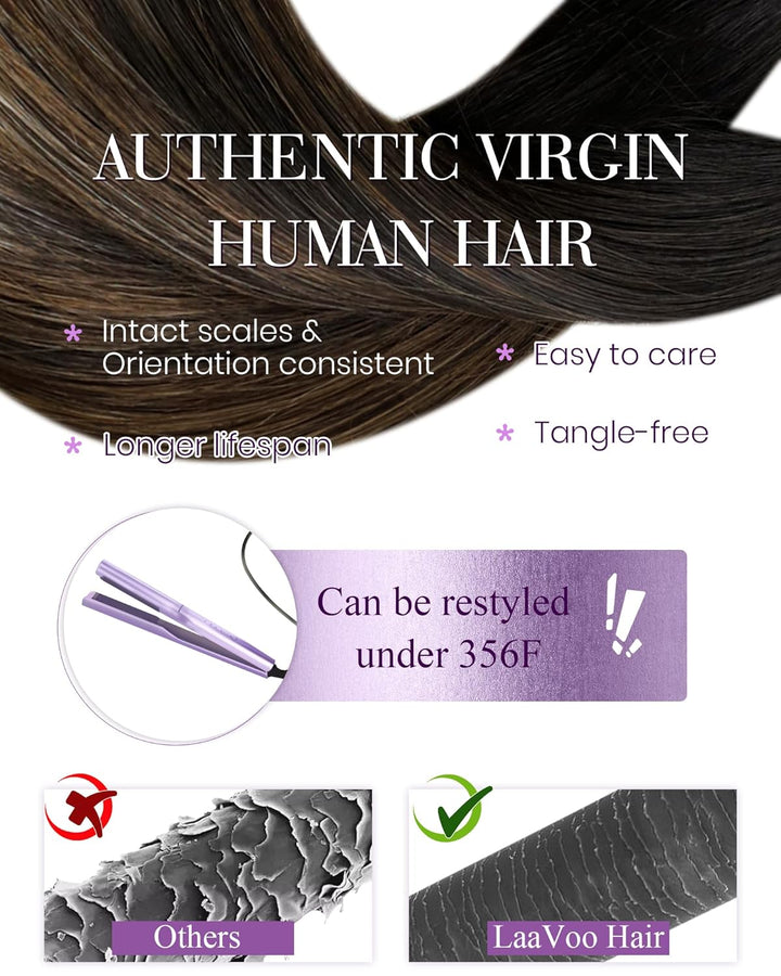 LaaVoo Balayage Echthaar Nanoring Extensions Dunkelstes Braun mit Mittel Braun und Aschblond 35 cm C