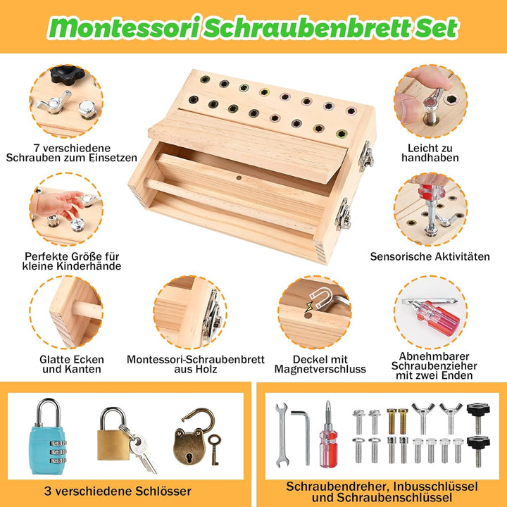 Wooderma Montessori Spielzeug für 3 4 5 Jahre, Montessori Schraubendreher Brett, Holzspielzeug Monte