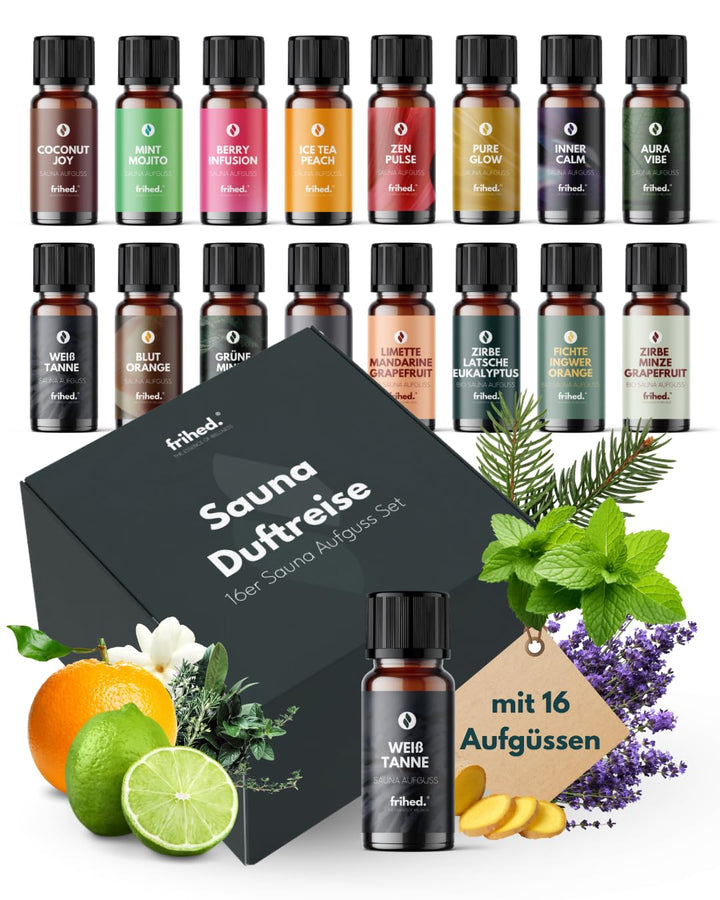 frihed.® Saunaaufguss Duftreise Probierpaket - Hochkonzentrierte Öle - 16x verschiedene Düfte - Gesc