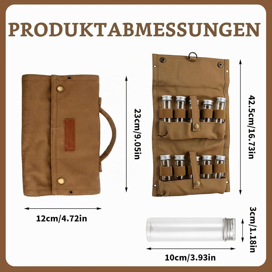 Tragbare Gewürztasche aus Segeltuch mit 10 Glasflaschen Camping Gewürzset für Outdoor BBQ, Picknick,