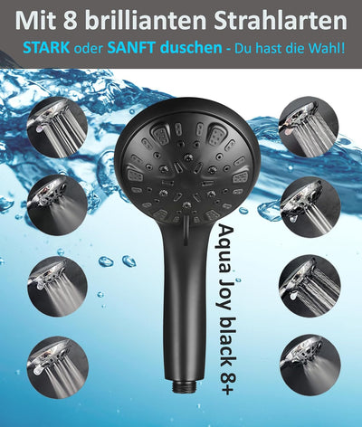 BLUMBACH ® Duschkopf schwarz wassersparend - Hochdruck Duschkopf Aqua Joy - 8 Strahlarten, Duschbrau