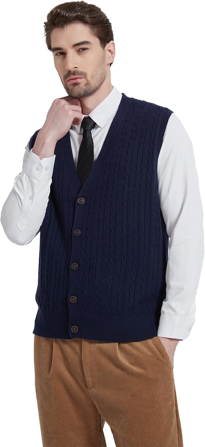 Kallspin Herren Strickweste Ärmellos Cardigan Wollmischung mit Zopfmuster und Knöpfen L Marineblau,