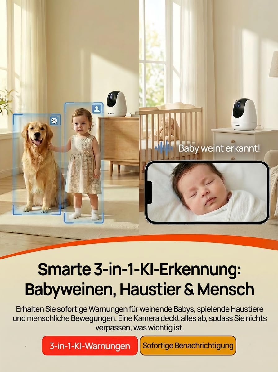 Tenda CP3 Überwachungskamera Innen, 1080p WLAN IP Kamera mit 2-Wege-Audio, 360°/155° drehbar, 12m Na