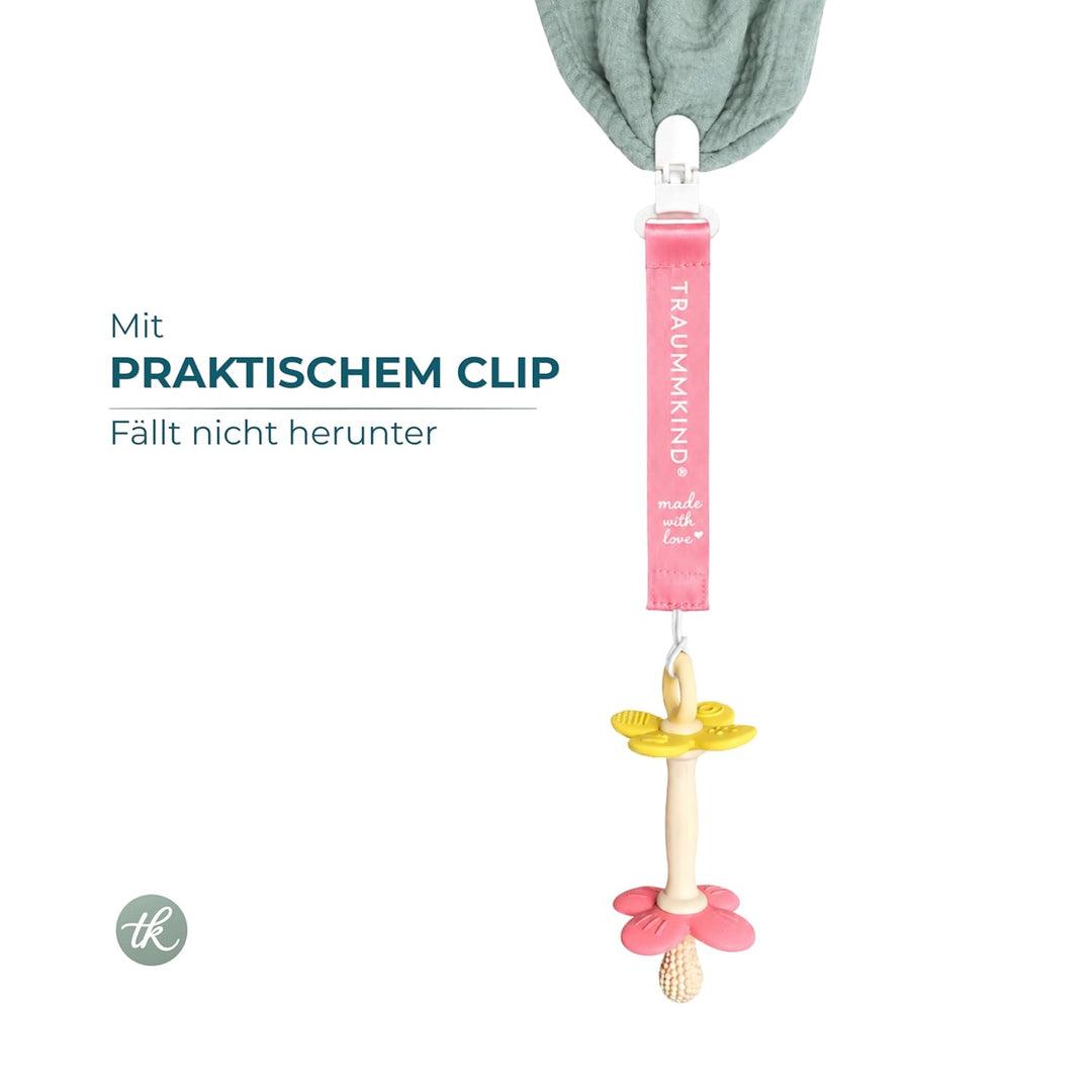 Beissring Baby Blume mit Clip – Baby Zahnungshilfe aus BPA-freiem Silikon, weich &amp; flexibel, Greifli