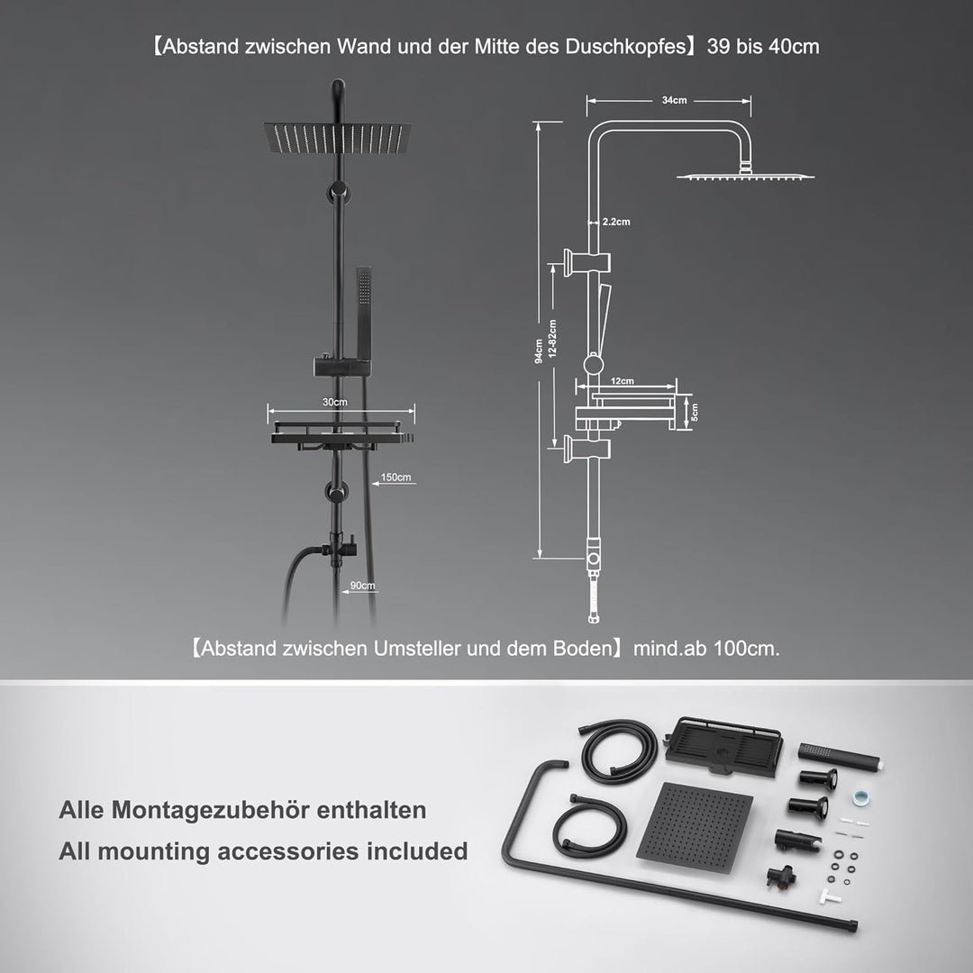 Görbach Regendusche Duschsystem mit Ablage,Wassersparend,Edelstahl Duschset ohne Armatur mit Eckig K