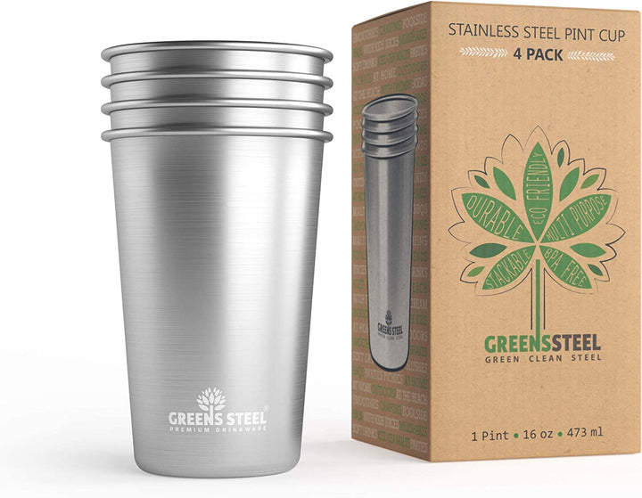 Greens Steel #1 Premium-Edelstahlbecher, 475ml Pint Becher (4 Pack) Premium-Metallbecher - stapelbar