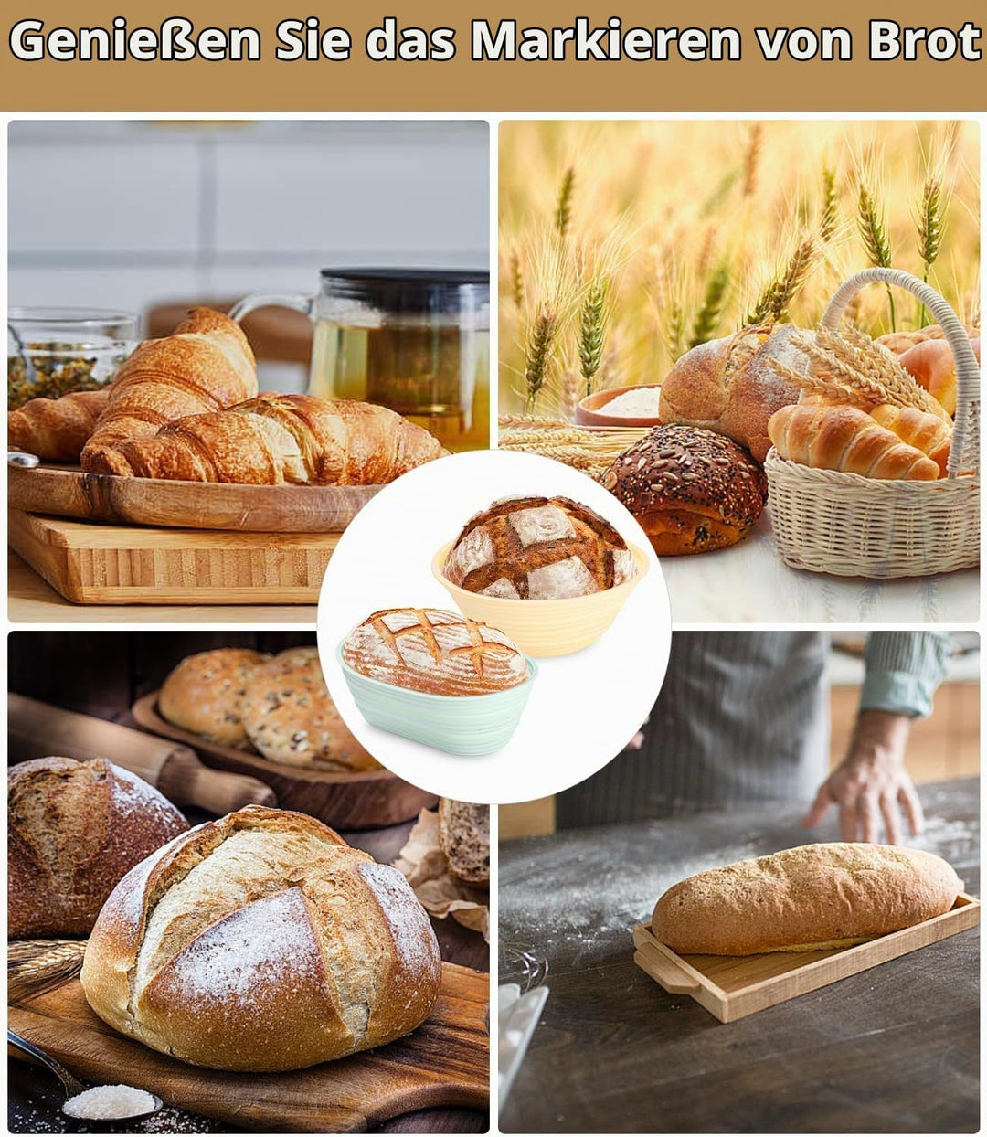 LEAZZLE Gärkorb Set,Verbesserte 22cm Runde,26cm Oval Silikon Banneton Brotgärkörbe,Brot Oval Und Run